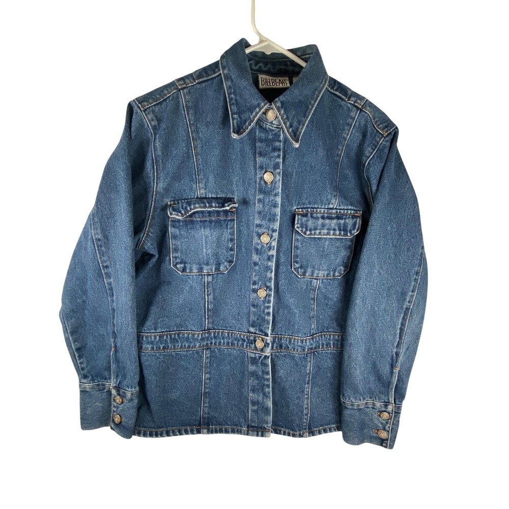 Bill Blass Jacket Womens Large Blue Denim Button Front Jeans Pockets Casual